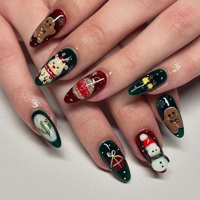 24 Uds. Uñas Postizas Navideñas con Pegamento Rojo Muñeco de Nieve Reno Verde Patrón de Lazo de Regalo Uñas de Presionar Uñas Postizas Desmontables Parche de Arte para Uñas