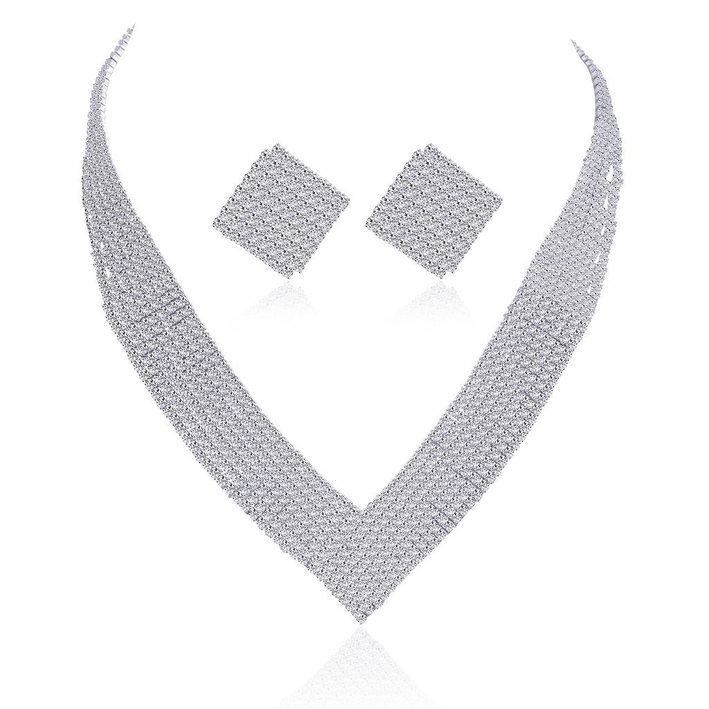Luxury super flash geometric square multi-row rhinestone necklace earrings two-piece set