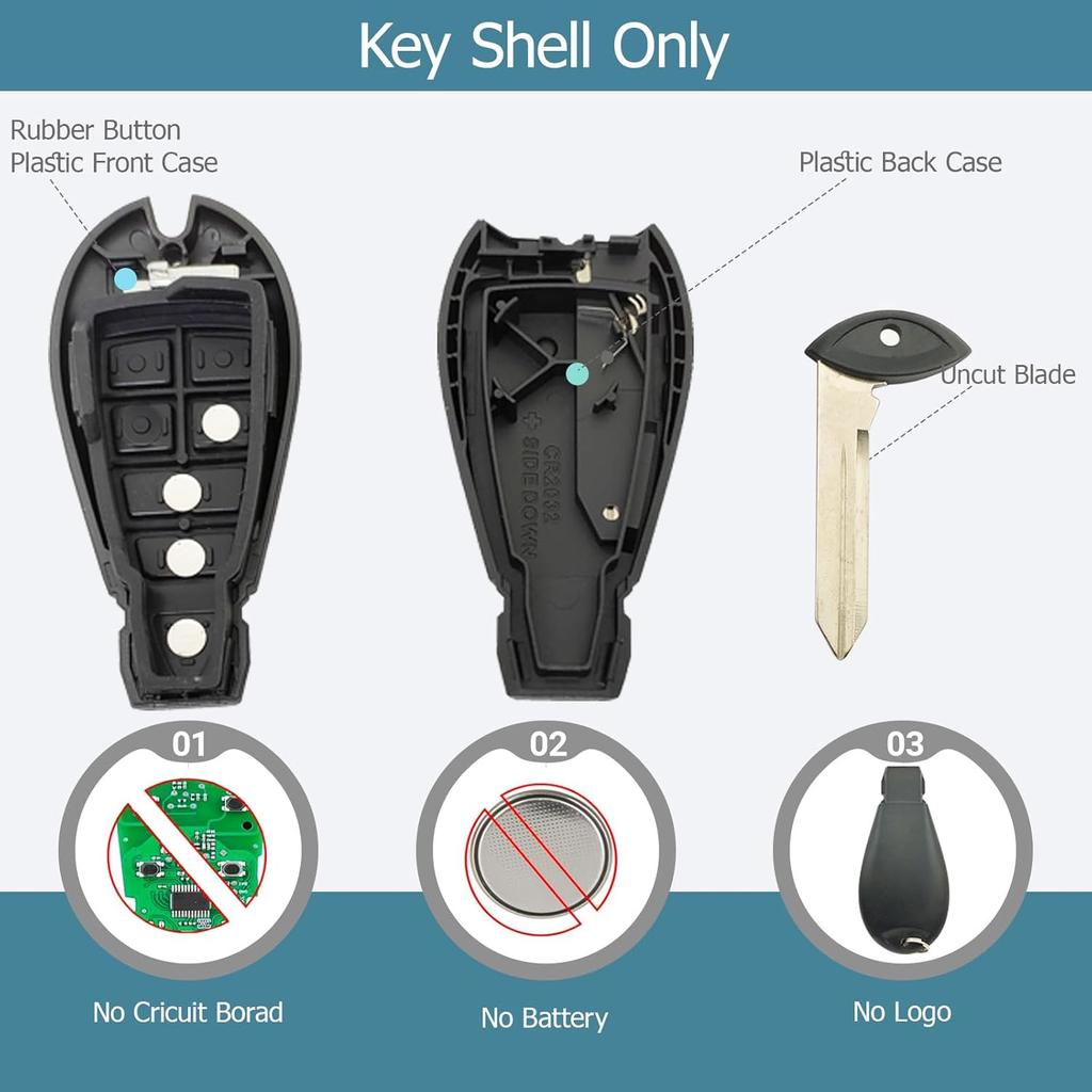 Replacement Key Fob Cover Case fit for 2008-2015 Dodge Ram 1500 2500 3500 Truck Chrysler Jeep Keyless Entry Remote Control Key Fob Shell