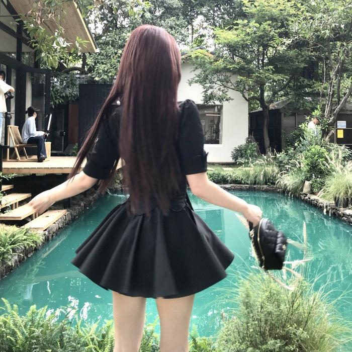 Black Lace Splicing Polo Neck Bubble Sleeve Dress Women's Summer Light Mature Wind Waist A Word Short Skirt Wholesale