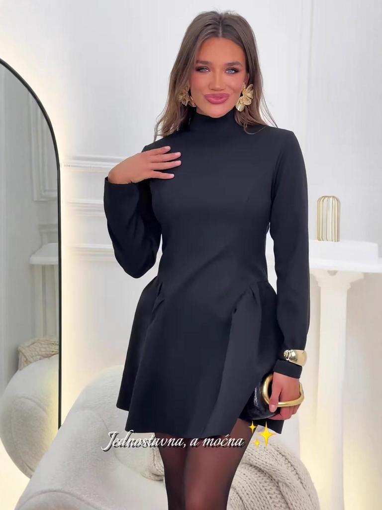 2025 Autumn High Neck Long Sleeve Black Short Dress for Women