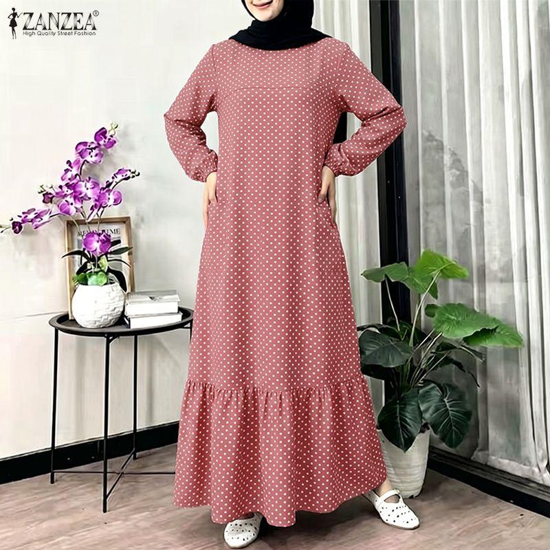 ZANZEA Women Muslim Casual Round Neck Long Sleeve Loose Polka Dot Print Dress
