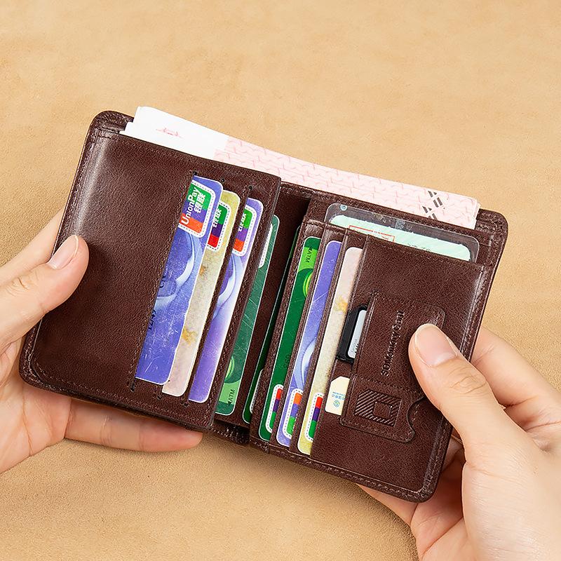 Men's Slim RFID Blocking Genuine Leather Wallet with Integrated ID Card Holder - Top-Grain Leather Compact Bifold Design