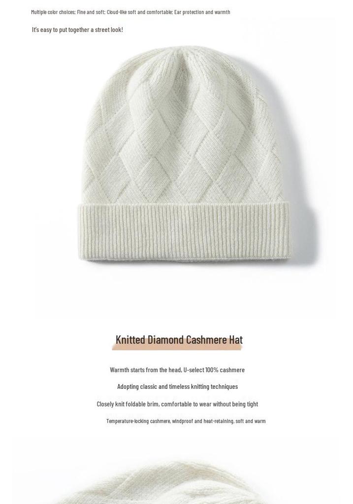 Girls' Artistic Retro Cashmere Diamond Pattern Knit Hat - Solid Color and Warm for Autumn/Winter