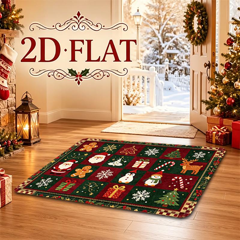 2D Printed Pattern Christmas Holiday Decorative Doormat, Soft Flannel Material, Red and Green Checkered Patchwork with Santa Claus, Gingerbread for Ma