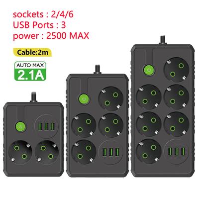 UE Plug Outlet 2/4/6 soquetes Multitap Power Strip soquete elétrico 2m cabo de extensão com 3 portas USB 2500W MAX Power 1 interruptor