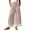 Women's Cotton Striped Wide Leg Pants, Length Loose Fit Casual Pull- with Elastic Waist and Lace Trim
