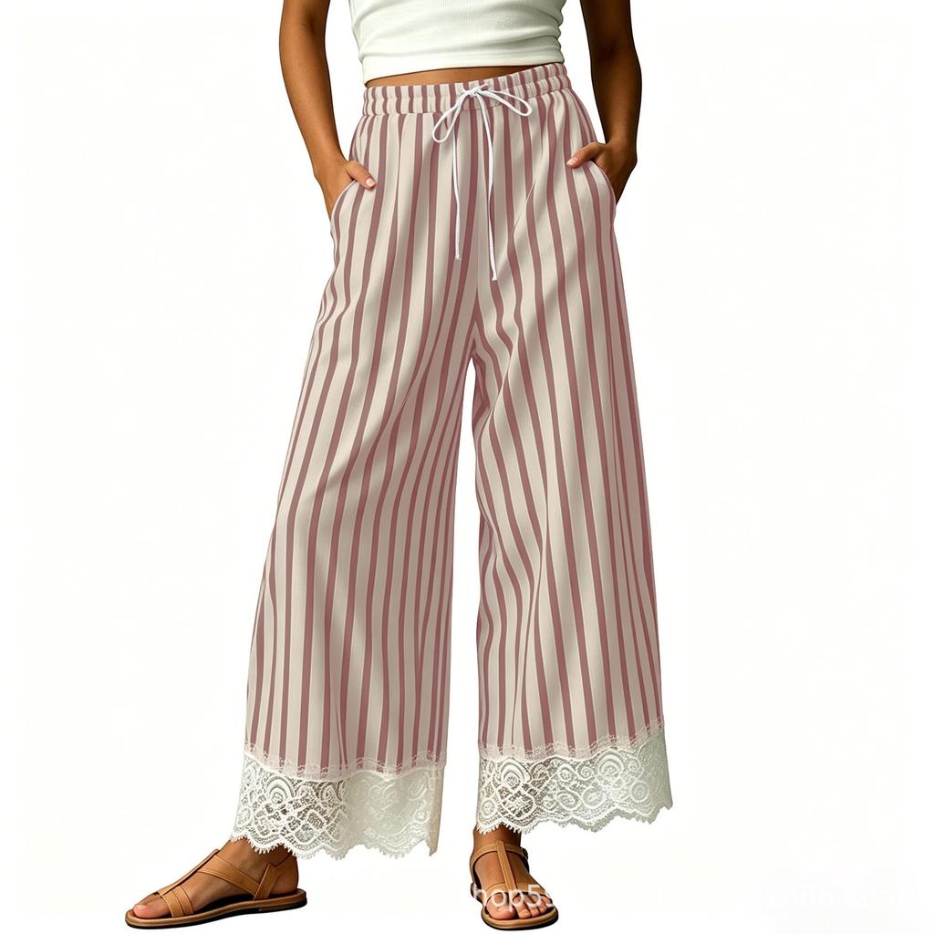 Women's Cotton Striped Wide Leg Pants, Length Loose Fit Casual Pull- with Elastic Waist and Lace Trim