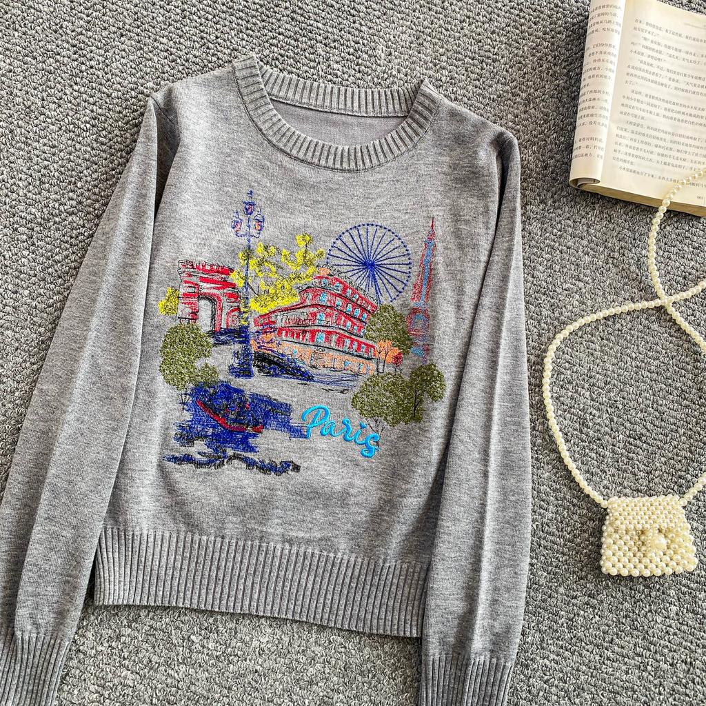 Autumn Winter Women O-neck Embroidery Flower Knitted Sweater Pullover Tops for School Girl