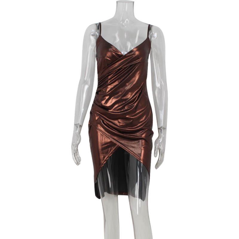 Sexy women's clothing tight figure V-neck high-end bronzing high-waisted split hip-wrapped suspender dress
