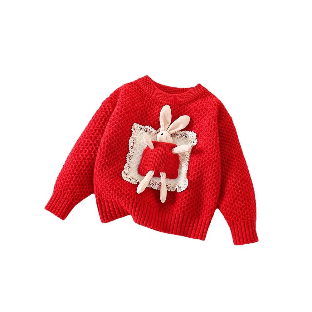 Baby Girls Sweater Set Fall Winter 2004, Pocket Rabbit Round Neck Pullover, Korean Cute Outfit