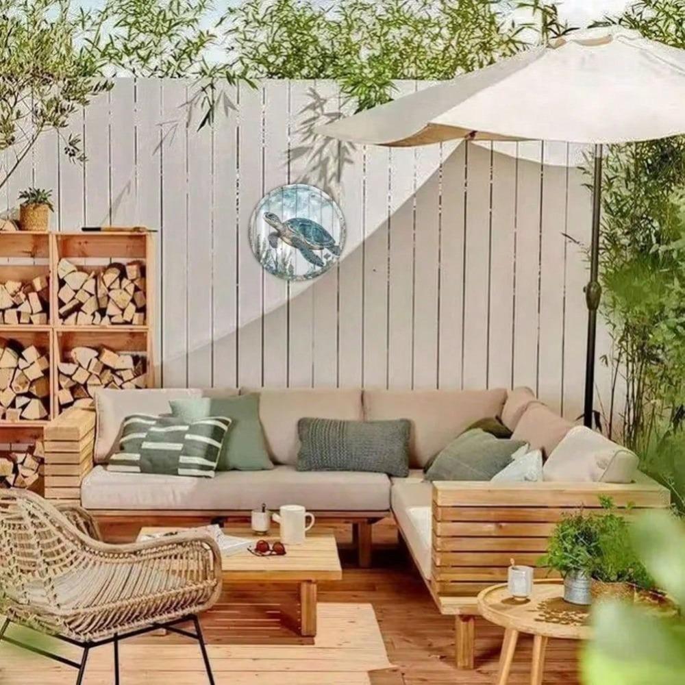 20cm Round Tin Sign Cheerful Sea Turtles Coastal Wall Decor