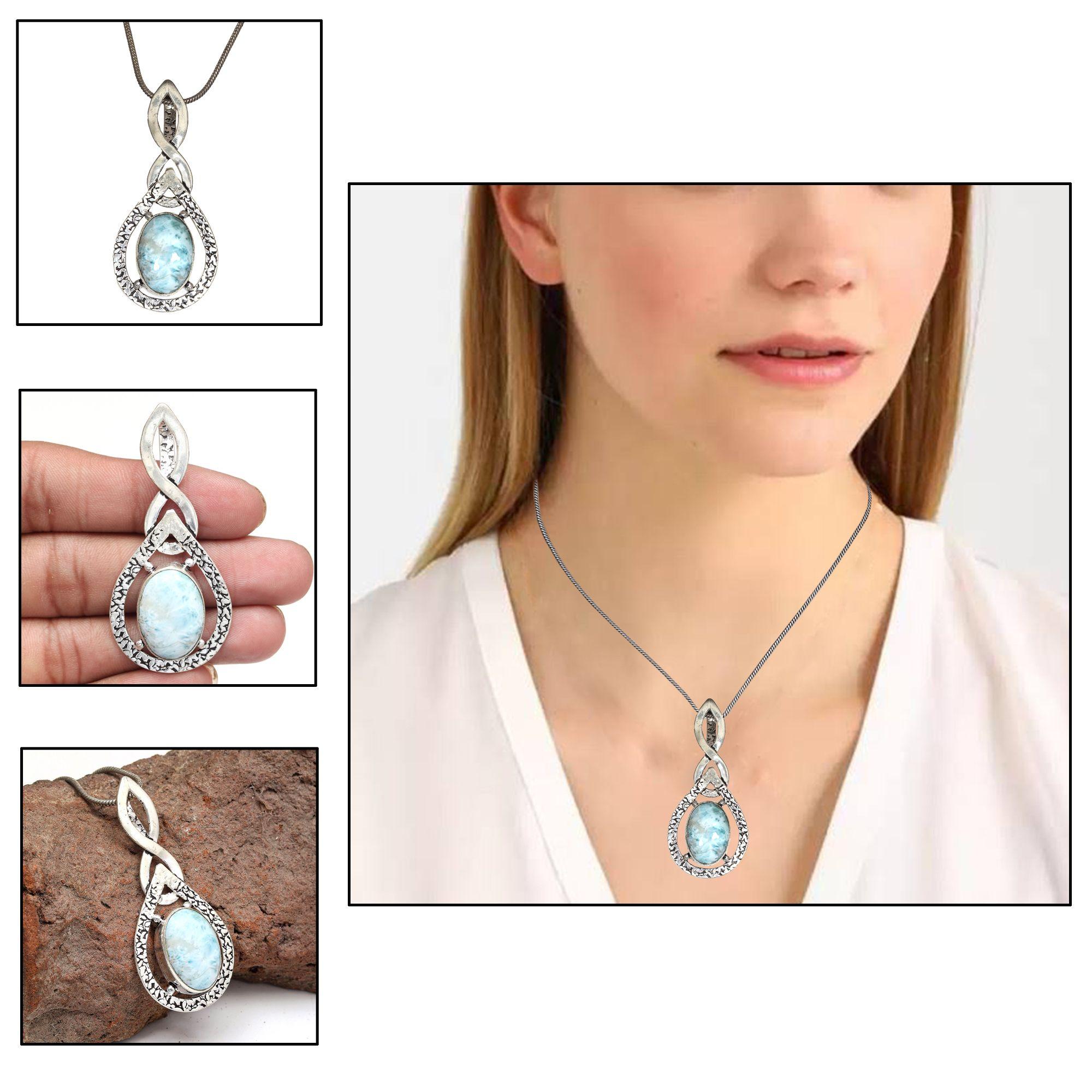 

Larimar Peridot Gemstone Unisex Women s Ethnic Silver Jewelry Pendant 2.25