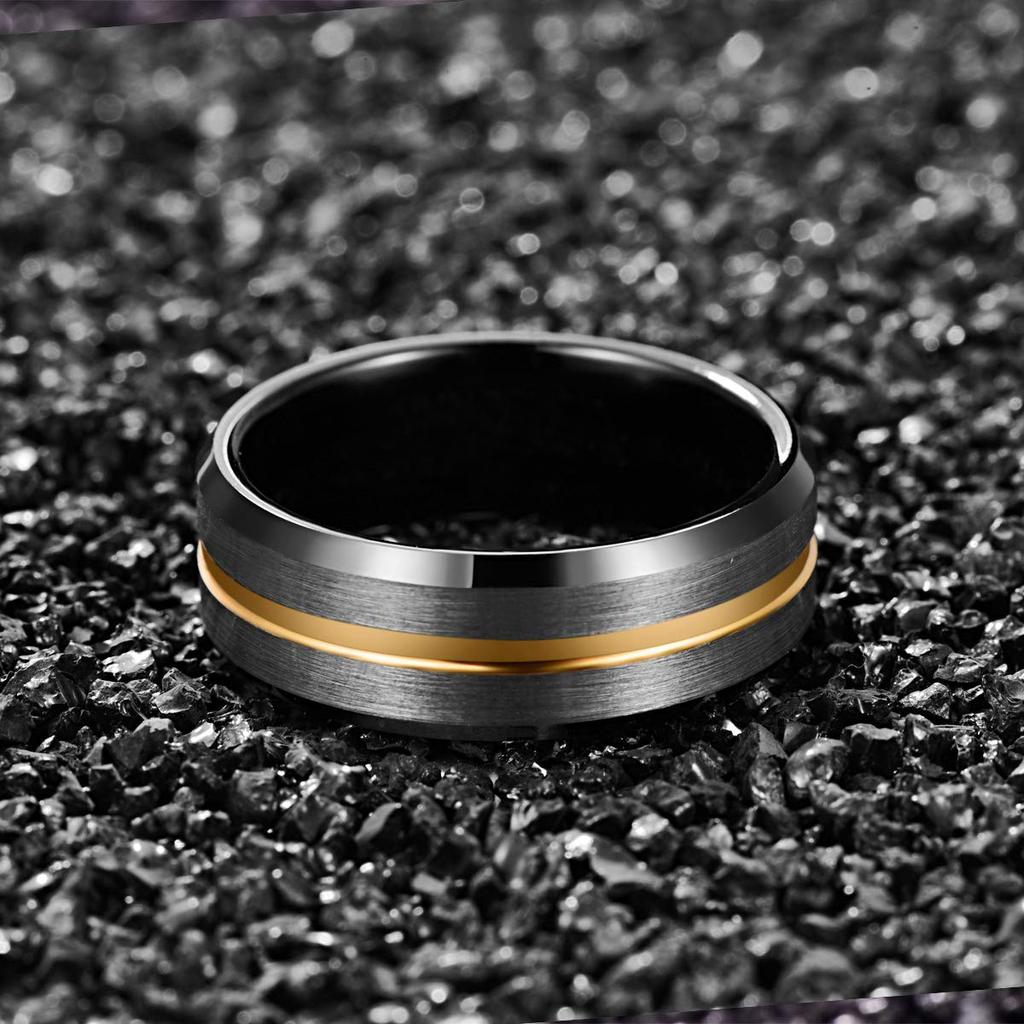 Fashion 8mm Gold Color Groove Men Stainless Steel Rings CopperColor Brushed Black edge Rings For Men Women Wedding Band Jewelry