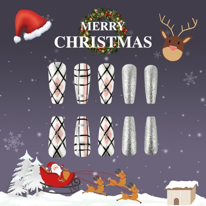 Glittering Christmas Elk Design Press On Nails Long Square Acrylic False Nails With Stripes Pattern 24Pcs Set Nail Art