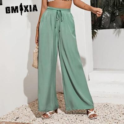 Summer Women's High Waist Casual Pants Solid Colour Elastic Waist Tie Belt Loose Wide Leg Pants