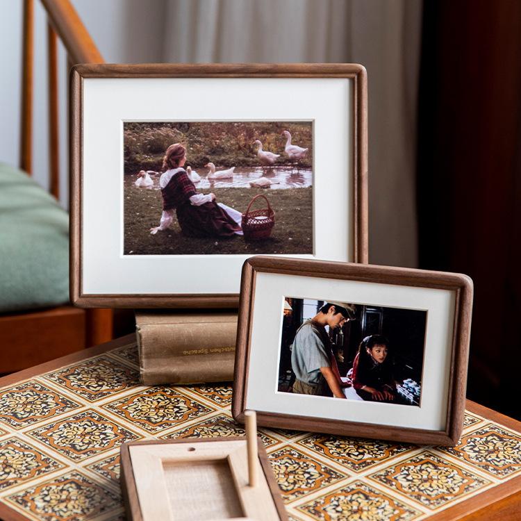 Retro Handmade Wooden Photo Frame with Passe-Partout, Vertical/Horizontal Standing Desktop Picture Frame Hanging Wall Decor