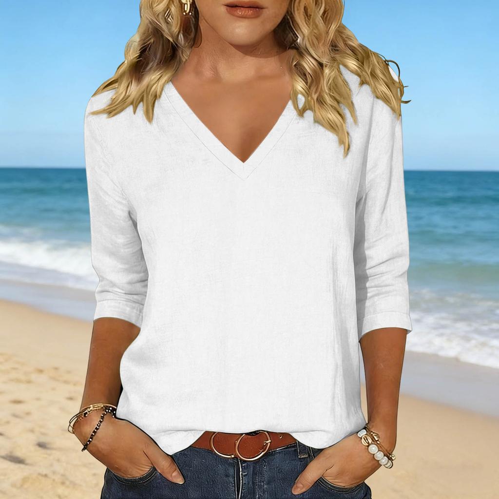 Damen V-Ausschnitt Locker Geschnittenes T-Shirt Lässiges Leinen Baumwollmischung Oberteil Langarm Basic Pullover Entspannte Passform Bluse für den Täglichen Gebrauch