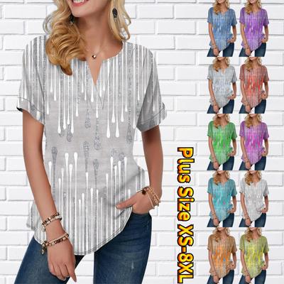 Women Summer T Shirt Silver Pattern Print Short Sleeve Tees Casual Tops Small V-neck Short Sleeves