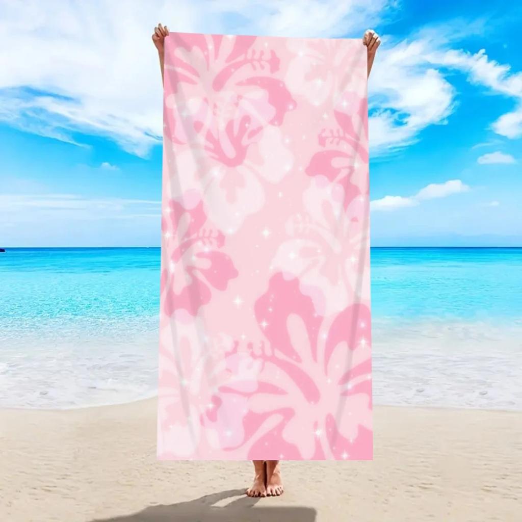 Tropical Pink Hibiscus Beach Towel Summer Floral Bath Towel Large Hawaiian Style Swimming Towel for Women Seaside Vacation Wrap