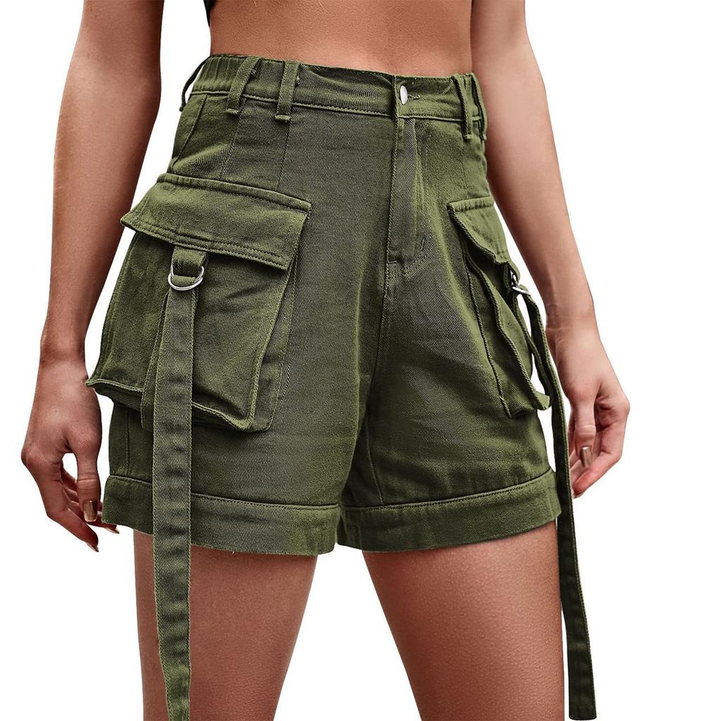 Damenmode Lässig Einfarbig Knopf Tasche Overall Denim Shorts Hose