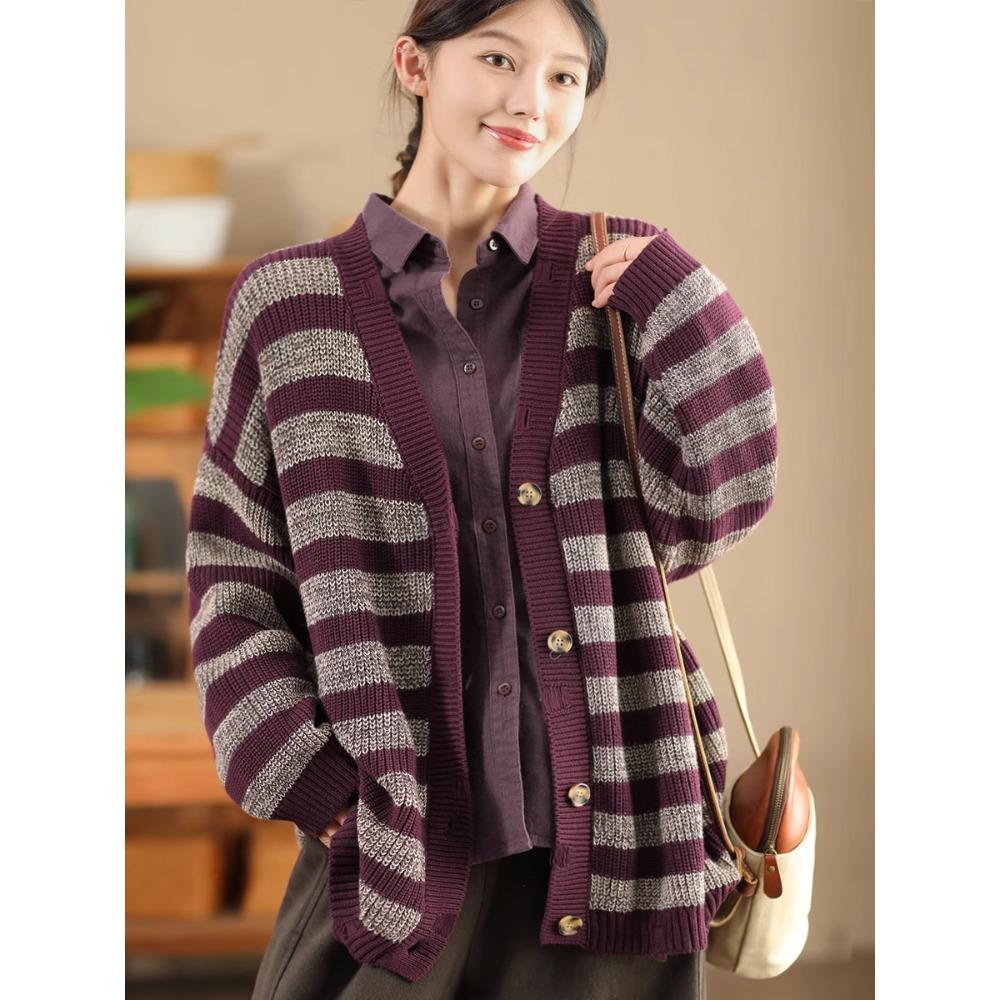 DIMANAF 2025 Winter New Striped Cardigan Jacket Women Sweaters Coat Wadded  Knitting Pockets Sweater