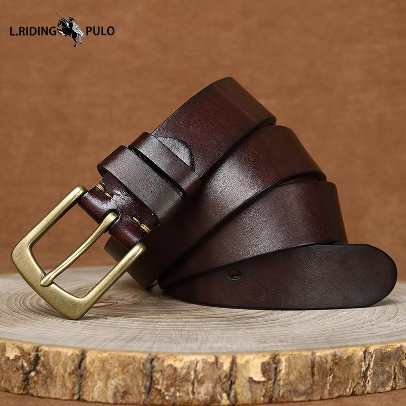 Men's Genuine Leather Belt with Pin Buckle, Retro Pure Copper, Simple and Versatile Jeans Belt