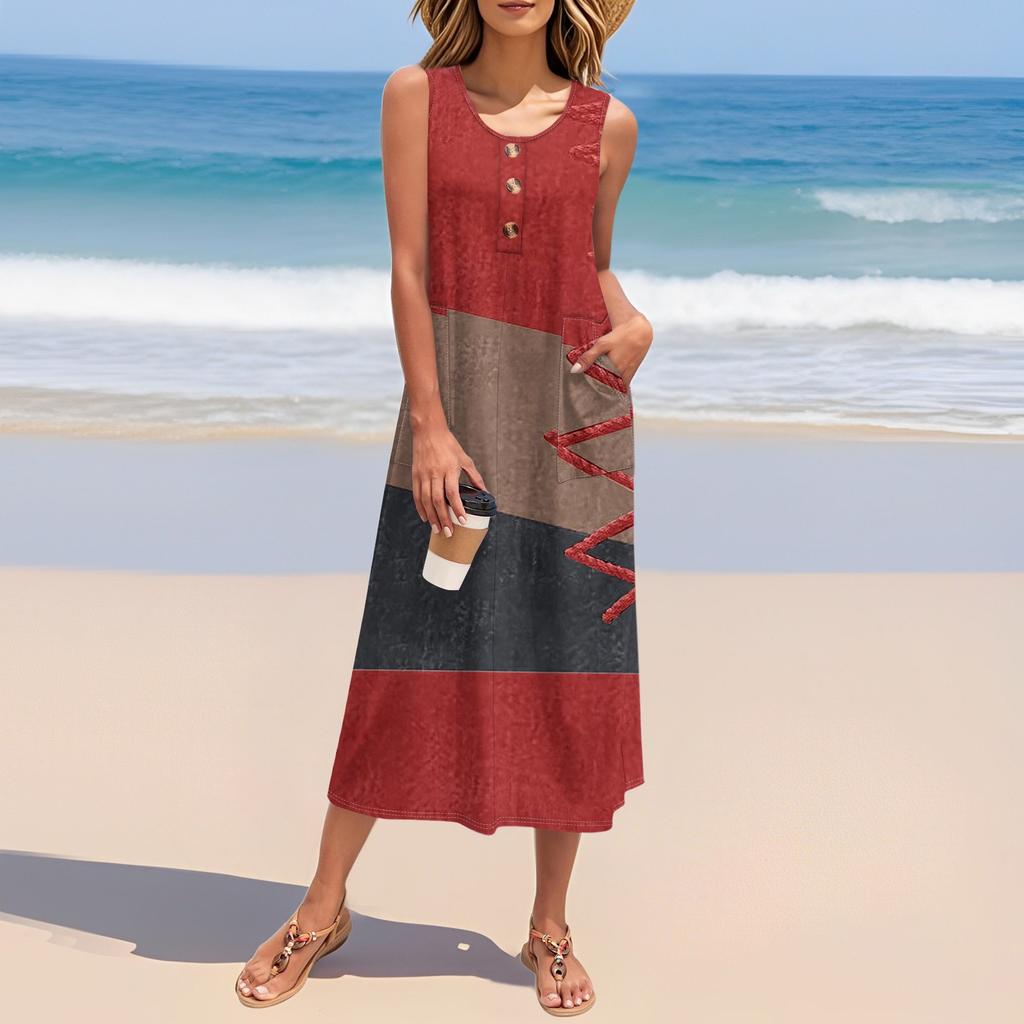 Women's Summer Vintage Color-block Patchwork Print Dress Sleeveless Button Down Casual Loose Long Beach Sundress
