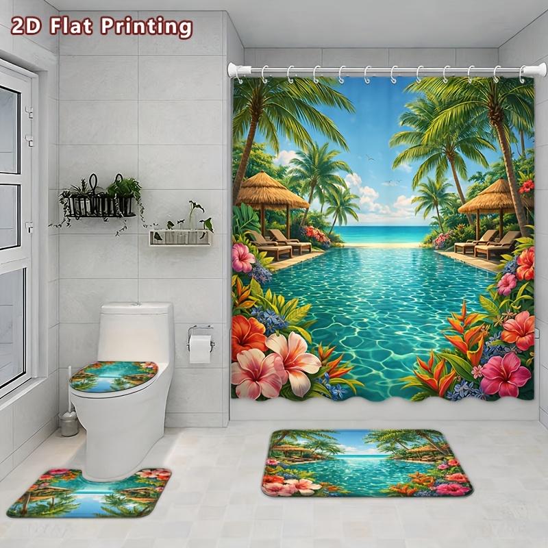 4Pcs Shower Curtain Set with Non-Slip Bath Mat, Toilet Lid Cover, Contour Rug & 12 Hooks, Bathroom Decor