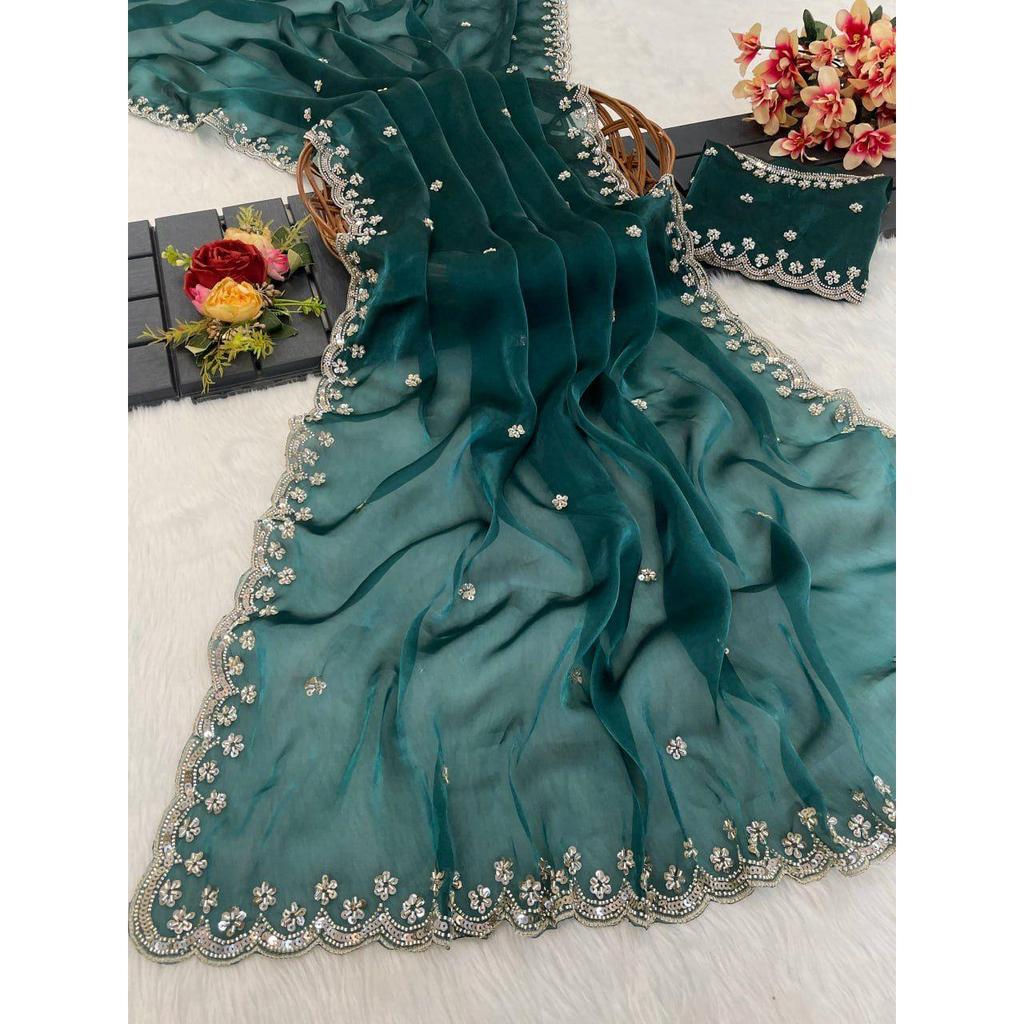 Latest New Wedding Wear Saree Heavy Embroidery Real Wal & Moti With Sequence Work*