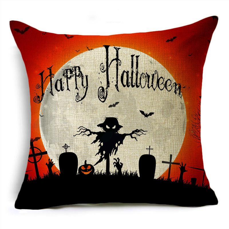 Red Halloween Night Moon Graveyard Bat Scarecrow Linen Throw Pillowcase Decorative Cushion Cover For Sofa Living Room Party