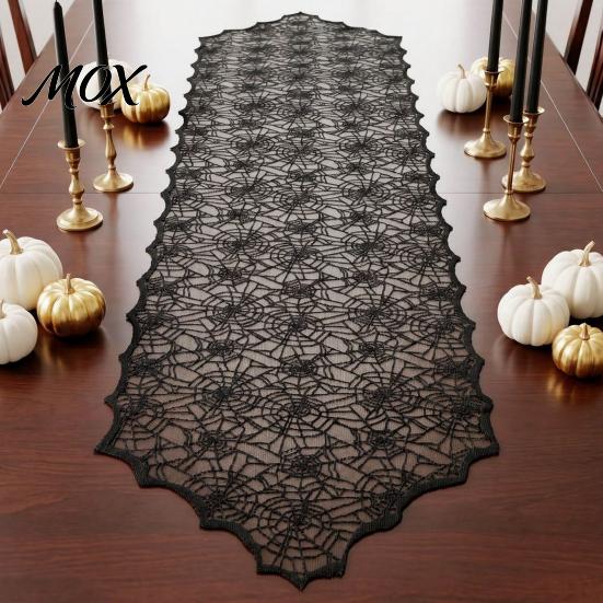Gothic Table Decor Halloween Runner, Black Lace Spider Web Runners, 17.7 X Spiderweb Runner 70.9Inch for Home Party Dinner Kitchen Mantel Bedroom
