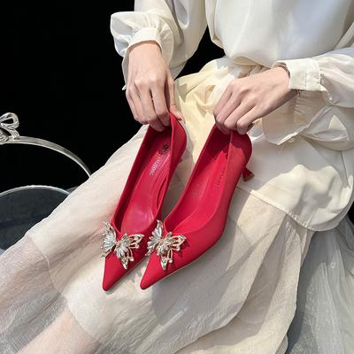 Sheepskin Version! Butterfly Rhinestone Wedding Shoes Can Be Worn Daily, Shallow Mouth Stiletto High Heels, Women's High Sense