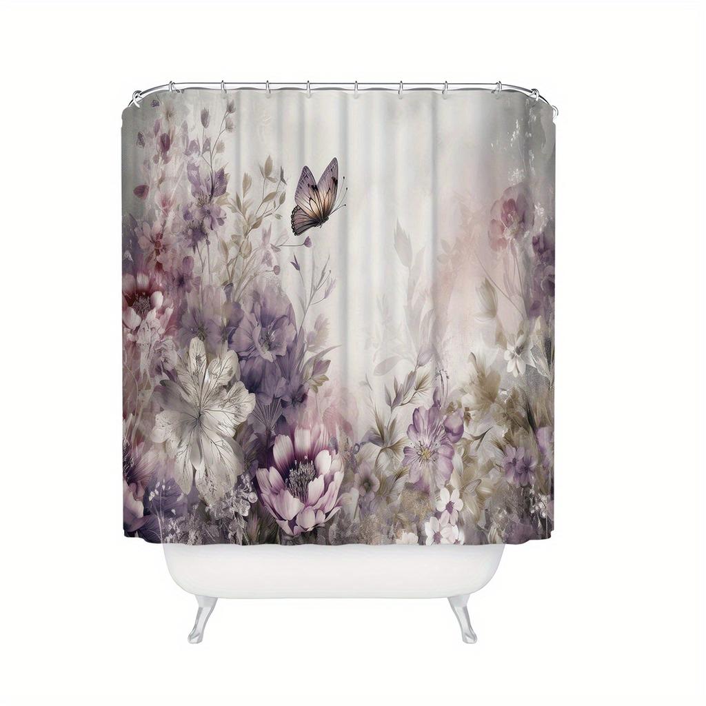 1Pcs Shiny Butterfly Flower Waterproof Shower Curtain Modern Polyester Bathroom Partition 12 Hooks