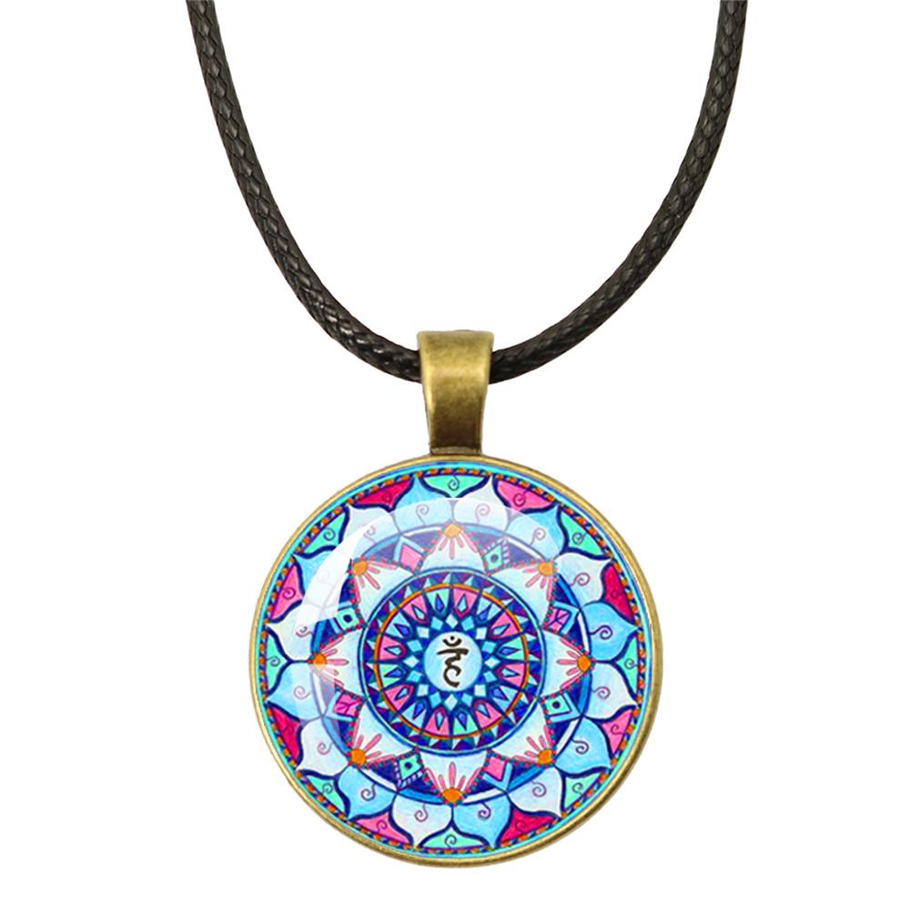 

Classic OM Yoga Chakra Mandala Rope Chain Glass Pendant Necklaces Sacred Geometric Purple Flower Picture Necklaces For Girl Gift