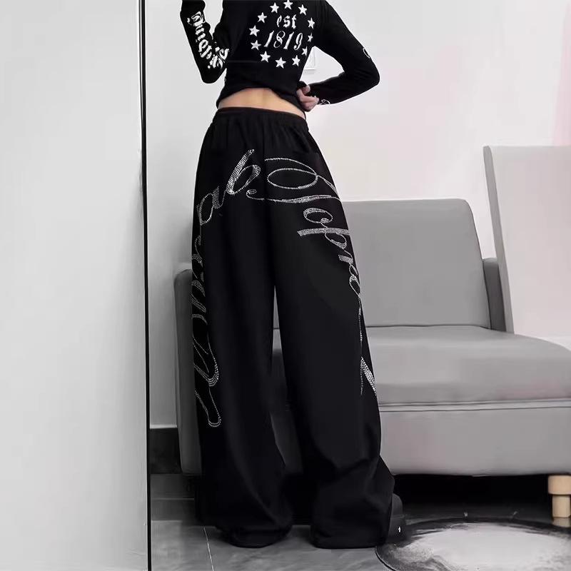 Pantaloni Larghi Sportivi Neri con Diamanti Caldi per Bambini Street Dance Danza Jazz Pantaloni Casual a Straccio Stampa Lettere con Strass Pantaloni Casual