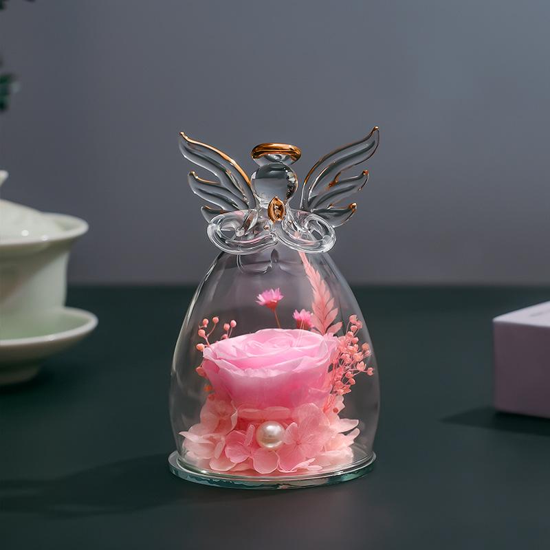 Szklana Kopuła z Aniołem i Zachowanymi Różami - Wieczne Kwiaty Zestaw Prezentowy na Walentynki, Dzień Matki, Boże Narodzenie, Święto Dziękczynienia, Ukończenie Szkoły