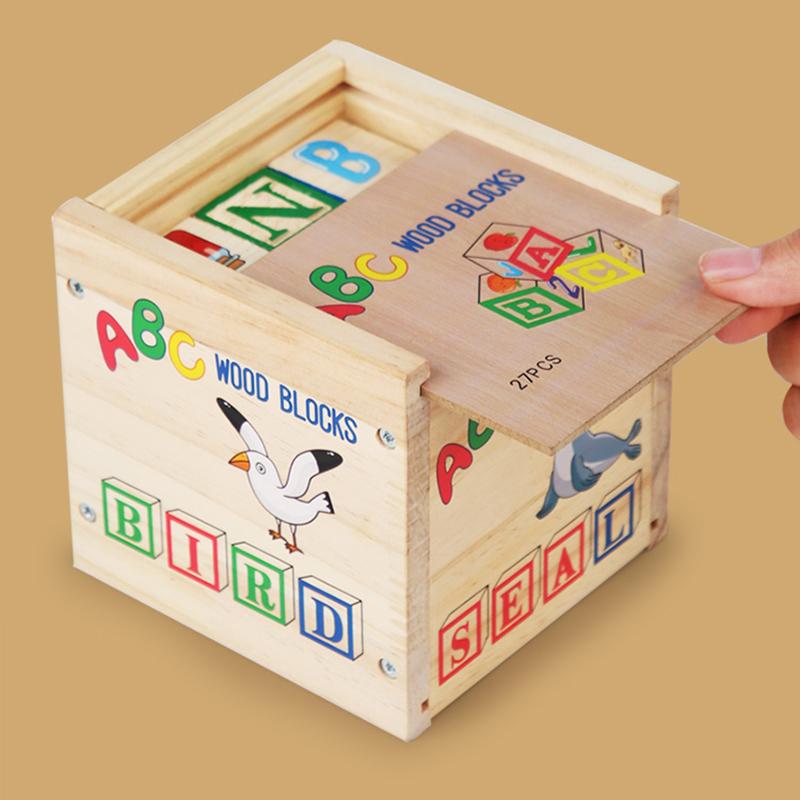 27Pcs Wooden Printed Block Toy English Letter Digital Cartoon Cognition Learning Early Educational Toys Gifts For Children Kids