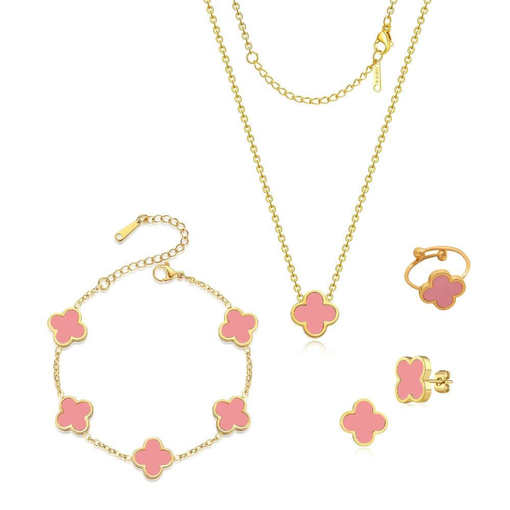 Ensemble Collier Boucles d'Oreilles Bague et Bracelet Trèfle à Quatre Feuilles Double Face Nacre 13mm Acier Titane