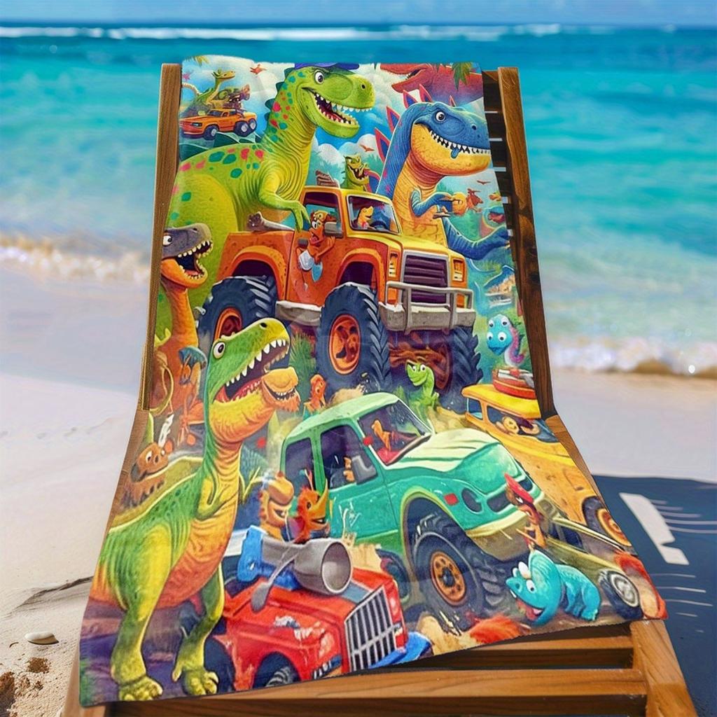 Dinosaur Monster Truck Beach Towel, Playful Graphic Art Quick-Dry Sand-Free Microfiber Bath Towel for Kids, Party and Camping