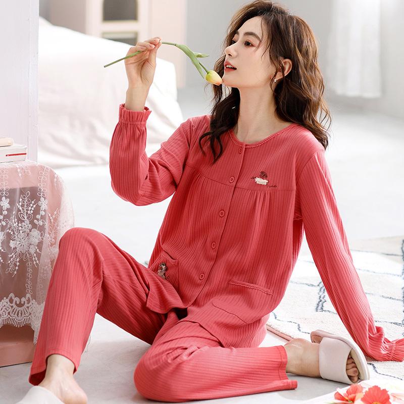 Pajamas Women'S Long Sleeve Cotton Crew Neck Cardigan Simple Casual Large Size Cotton Loungewear Autumn Set