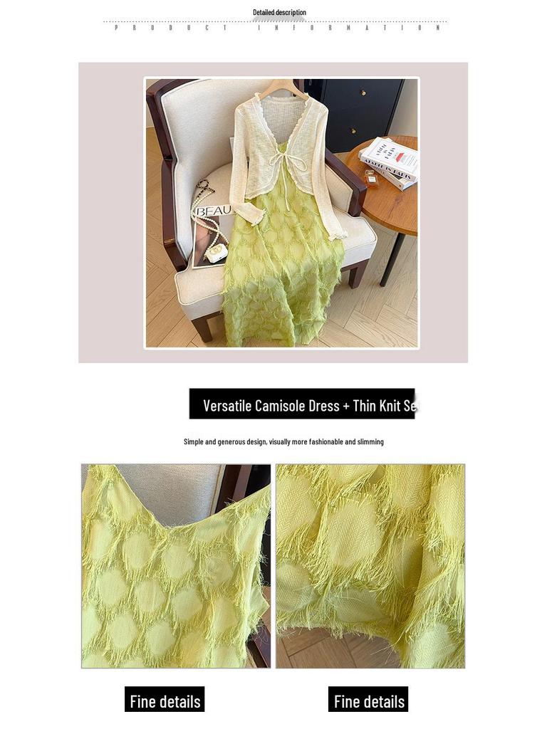 Plus Size Women's Spring/Summer 2025 Fringe Tank Dress & Knitted Cardigan Set