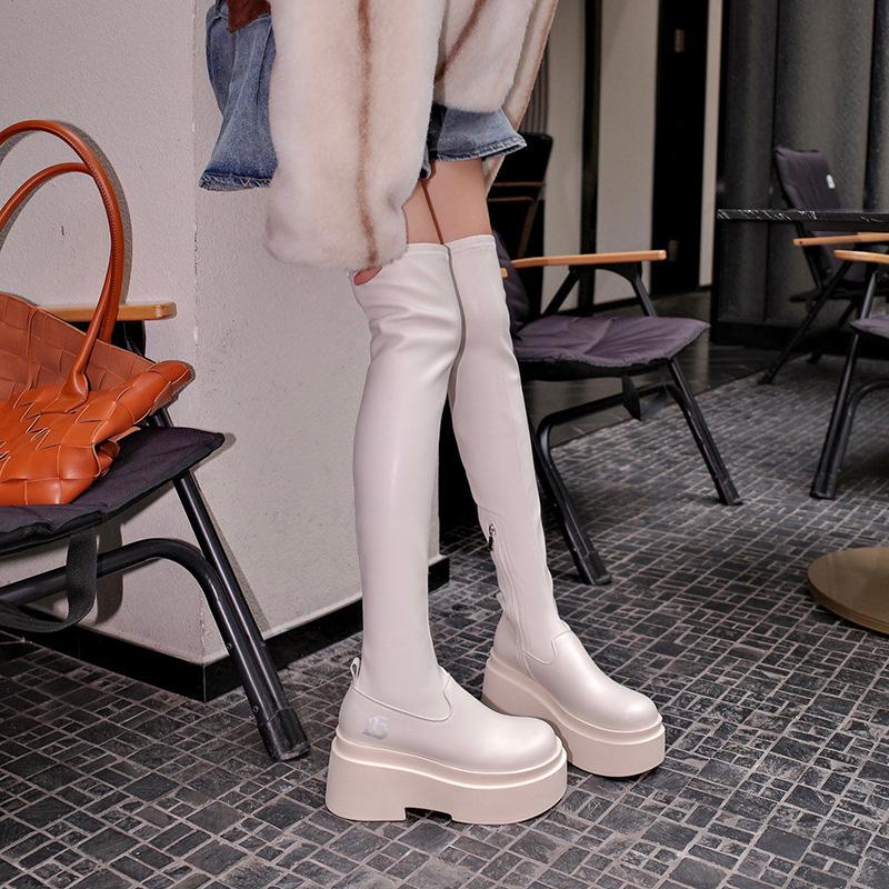 Height-increasing knee boots Women's elastic and thin thick-soled boots Sweet and cool big tube circumference Thick legs Fat MM tall tube