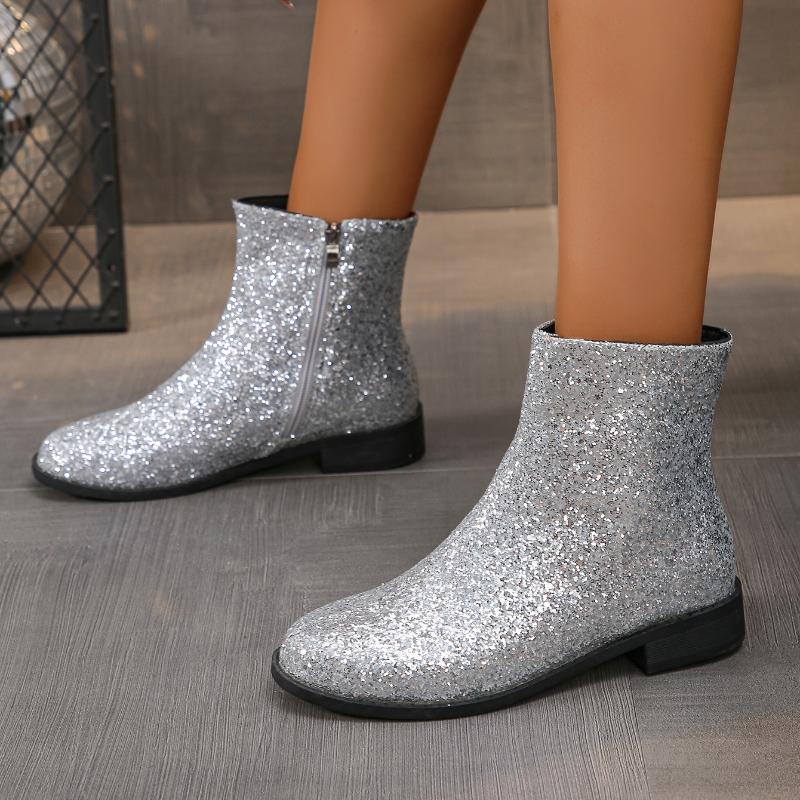Fashion Women's Mid Heel Sexy Thick Bottom Shoes 2024 New Ladies Glitter Gold Chunky Heel Sequins Trendy Women's Shoes