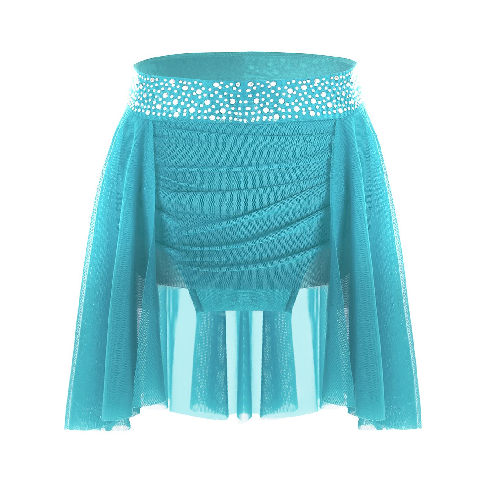 

Girls Ruched Irregular Dance Skirt Sparkly Rhinestones Elastic Waistband Built-in Briefs Skirt 5-6 Years бірюзовий