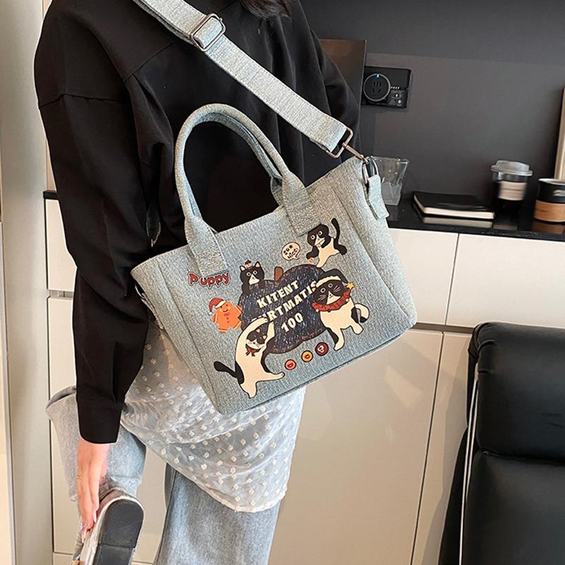 2025 New Trendy Cartoon Cat Print Denim Bucket Bag Versatile Casual Commuter Large Capacity Crossbody Shoulder Bag for Women