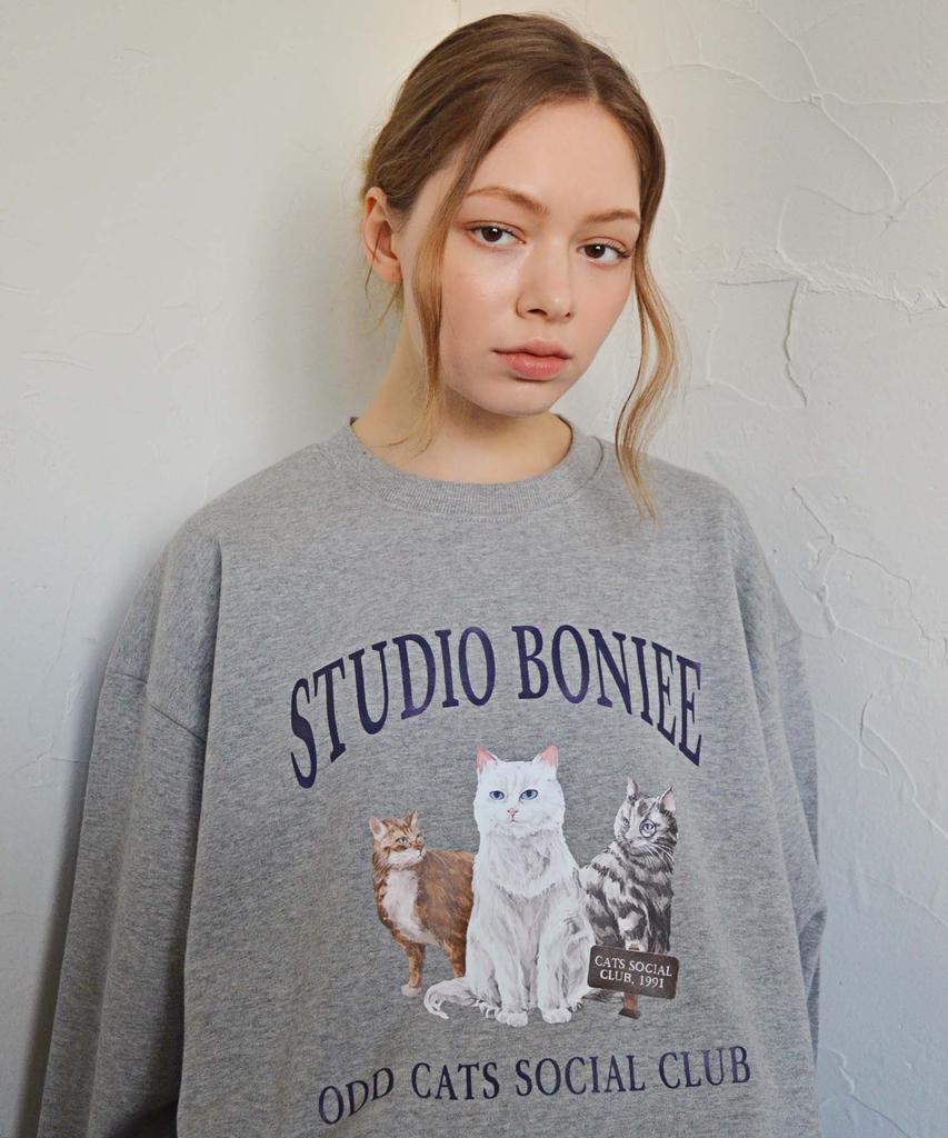 BONIEE [Fleece Lined Selection] Odd Cats Cat Social Club Graphic Oversized Sweatshirt Gray
