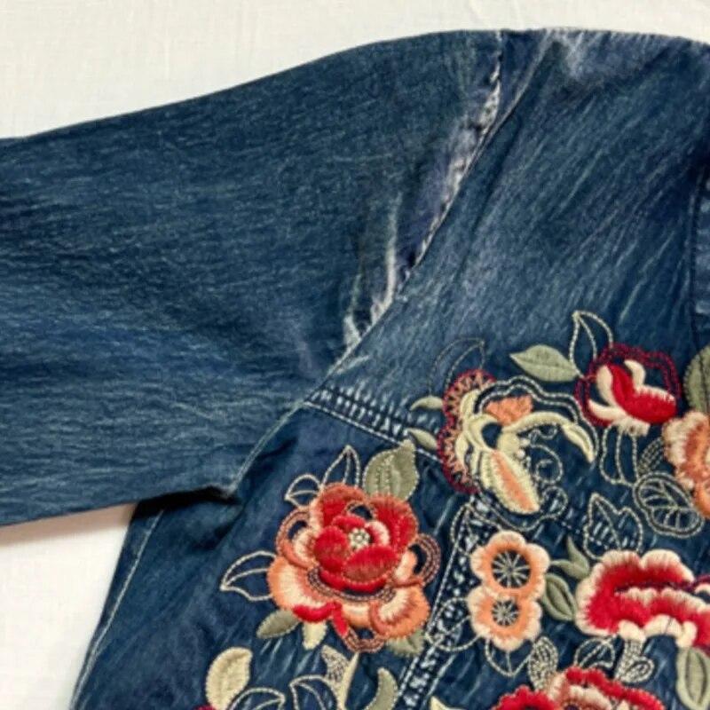 Johnature Woman Spring Pocket Cotton Single Breasted Long Sleeves Dress V-Neck Embroidery Solid Color A-Line Dress