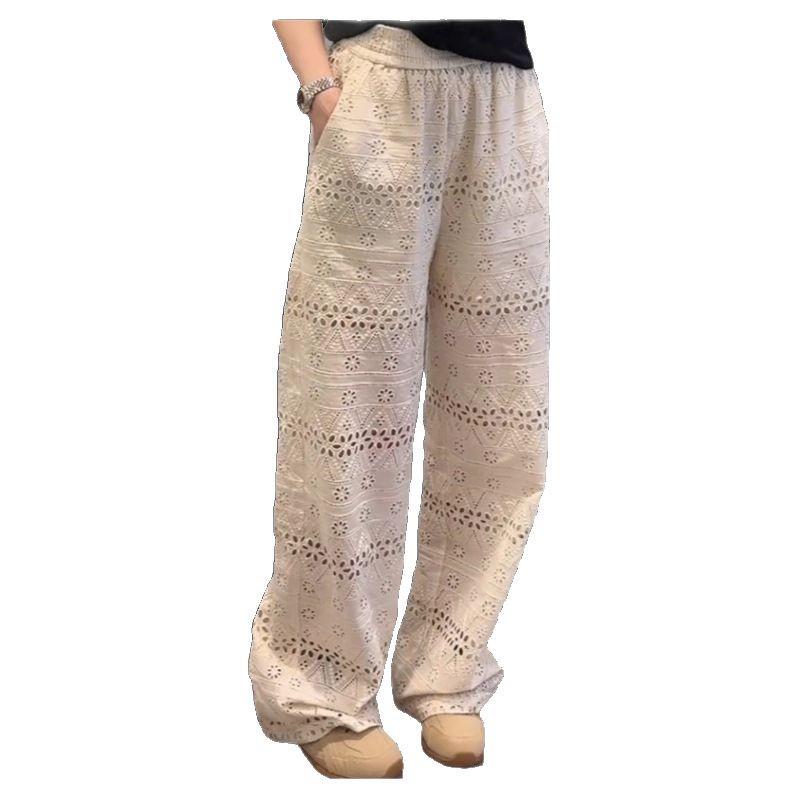 Summer 2025 Women's Lace Hollow Wide-Leg High-Waist Draping Pants - Ice Silk Cool & Casual Petite Fit