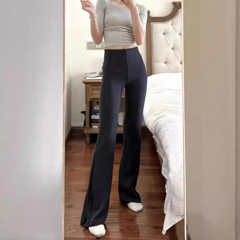 Womens High-Waisted Ribbed Flared Leggings With Side Slit Stretchy Cotton Blend Yoga Pants Casual Wear